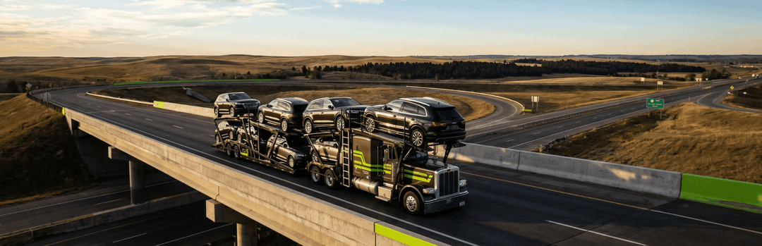 Loaded car carrier crossing a highway overpass through South Dakota grassland at sunset