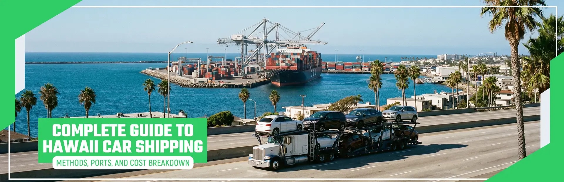 Car carrier loaded with vehicles on a highway beside a Hawaii container port