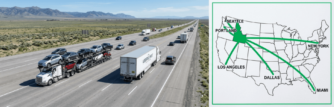 Loaded car carrier on a desert interstate beside a US map of Idaho routes to Seattle, Portland, LA, Dallas and Miami
