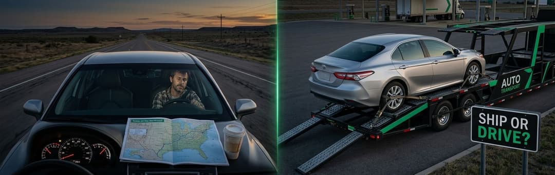 Split view of a driver with a road map at the wheel versus a sedan on a carrier, labeled Ship or Drive