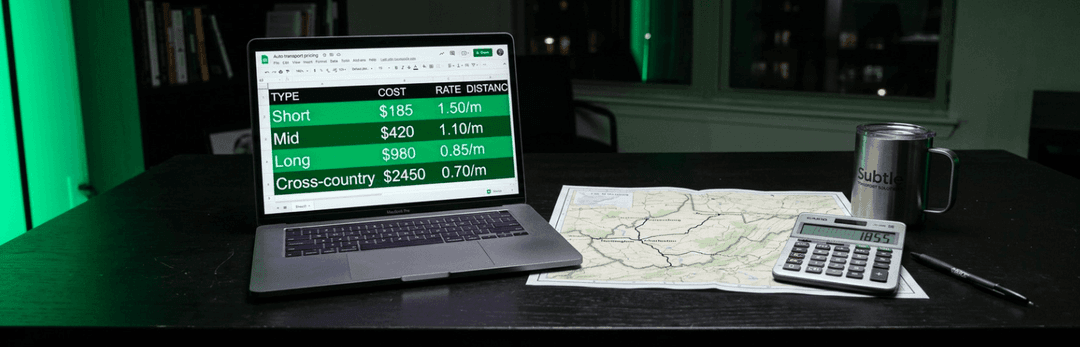 Laptop showing a West Virginia shipping cost table by distance, from short to cross-country, with a calculator