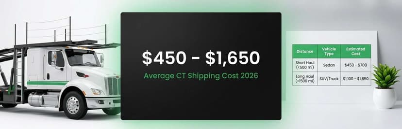White car carrier truck beside a $450 to $1,650 average Connecticut car shipping cost panel for 2026