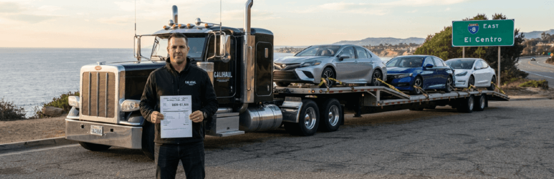 Driver holding a certificate in front of a semi hauling cars near the San Diego coastline