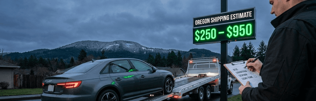 Agent with a clipboard by a gray sedan and tow truck under an Oregon estimate sign reading $250 to $950