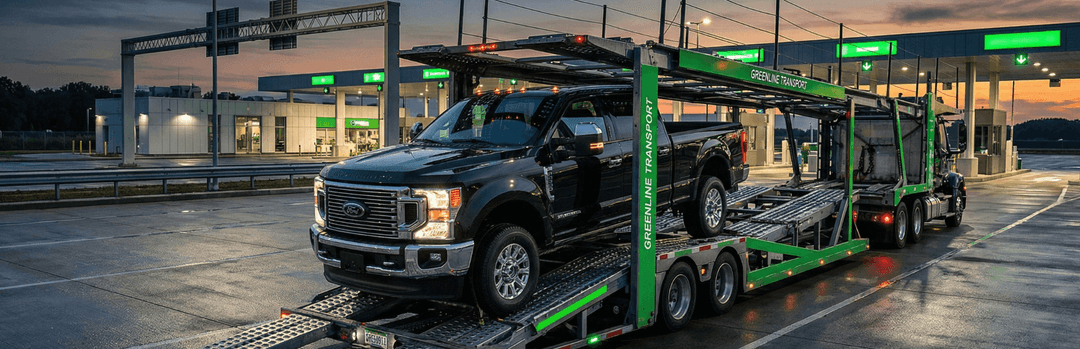 Black full-size pickup truck loaded on the lower deck of an open car carrier at a gas station at dusk