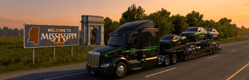 Black semi hauling a loaded car carrier past a Welcome to Mississippi sign at sunset