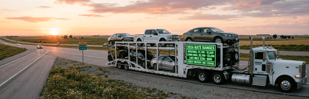 Loaded car carrier on a Kansas highway at sunset with a sign showing 2026 car shipping rate ranges