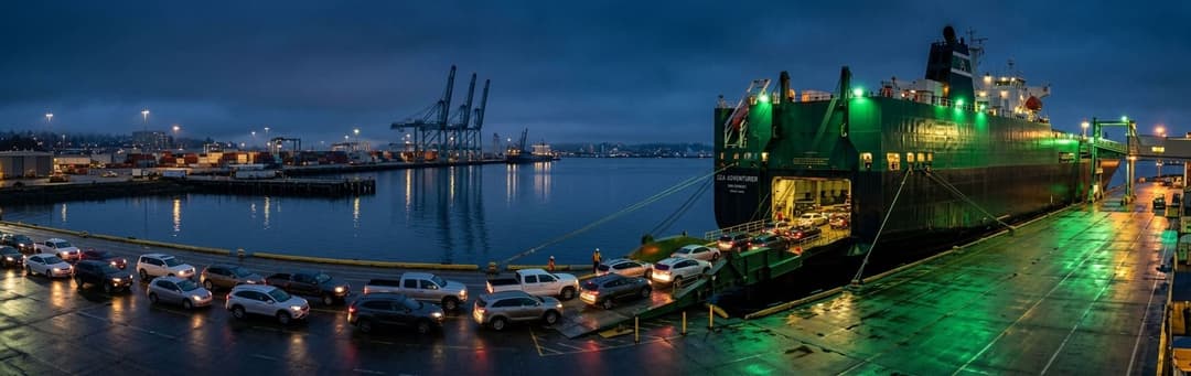 Cars lined up on the dock beside a roll-on roll-off cargo ship at the Port of Tacoma at night
