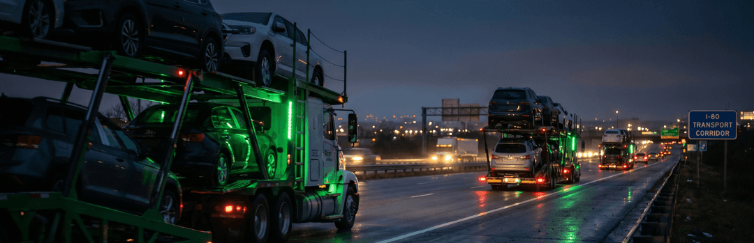 Car carrier trucks with green lights driving a busy highway at night during peak shipping season