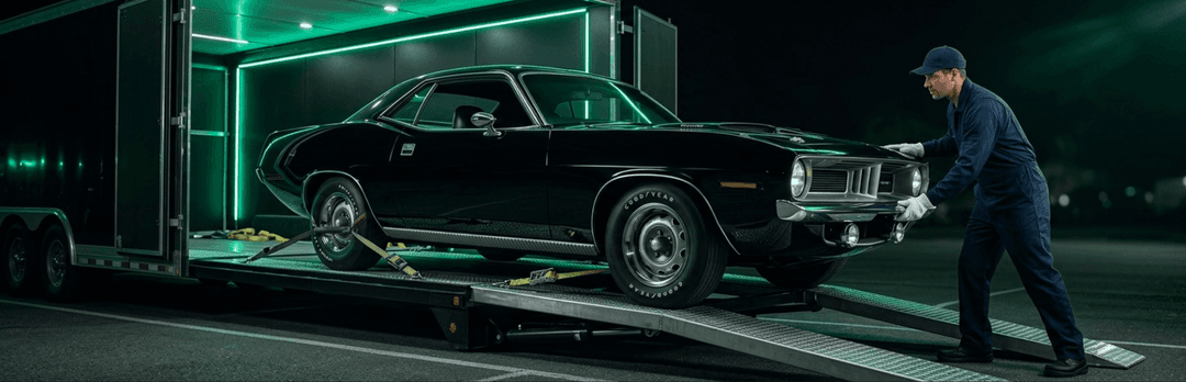 Worker loading a black classic muscle car into a green-lit enclosed car trailer at night