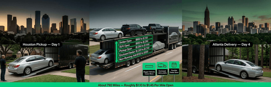 Houston pickup on day 1 to Atlanta delivery on day 4 on a car carrier, about 793 miles between the cities