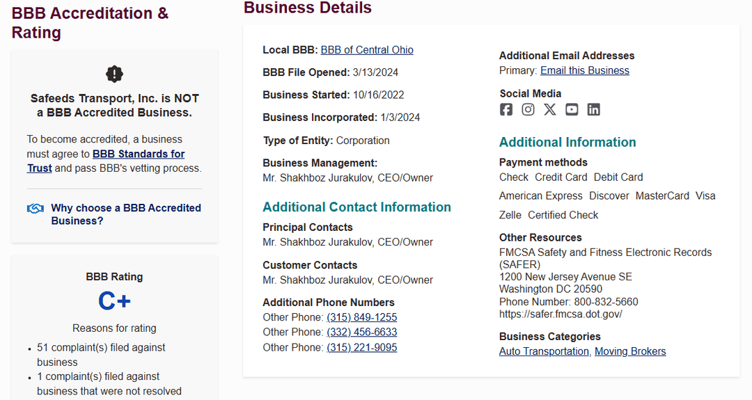 Safeeds Transport's BBB Rating And Accreditation