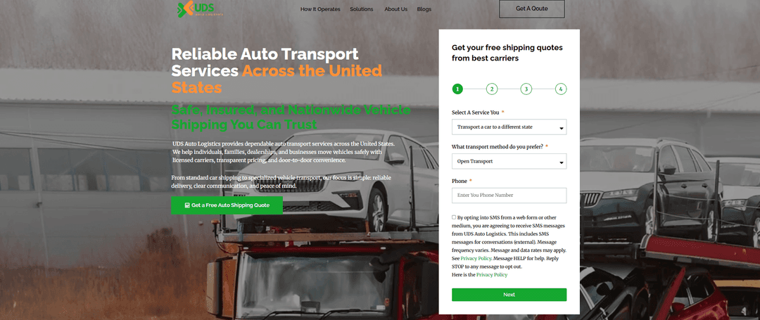 Screenshot of the UDS Auto Logistics homepage with a free shipping quote form beside car carriers
