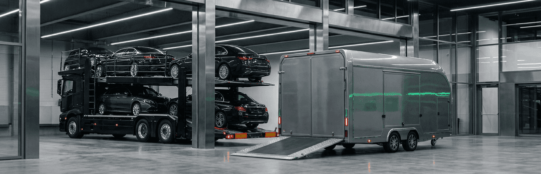 Open car carrier loaded with black cars parked next to a grey enclosed trailer with its ramp down in a garage