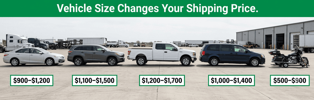 Vehicle size changes your shipping price: sedan $900 to $1,200 up to SUV, truck, van and motorcycle rates