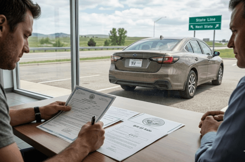 Buyer signing title and registration papers at a dealership window, a used sedan and State Line sign outside