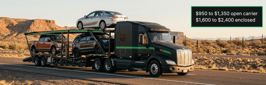 Car carrier in the desert with San Diego to Houston prices: $950 to $1,350 open, $1,600 to $2,400 enclosed