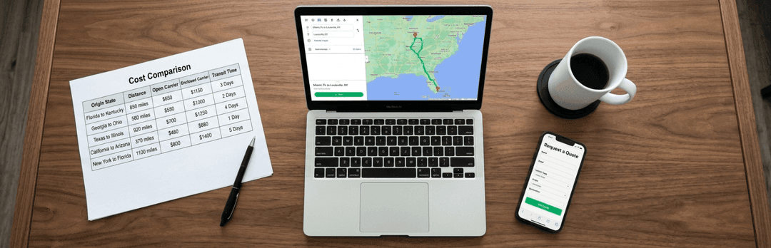 Laptop showing a route map beside a printed cost comparison sheet, coffee and phone on a wooden desk