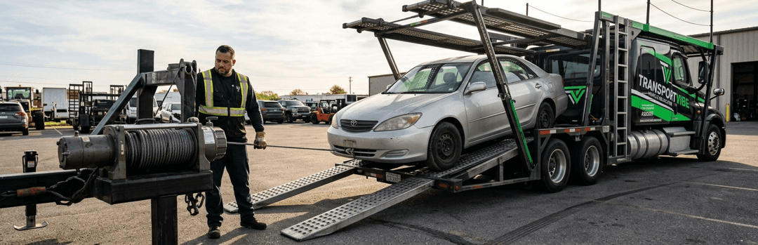 Worker operating a winch to pull a silver non-running sedan up the ramp of an open car carrier