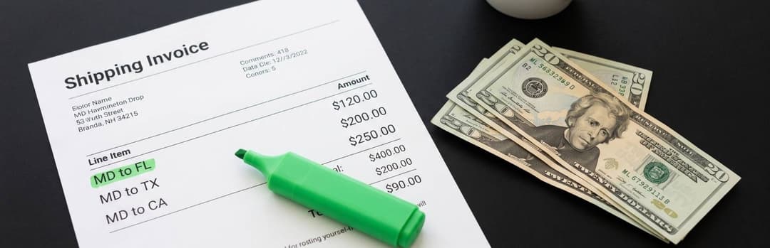 Shipping invoice listing Maryland routes such as MD to FL, TX and CA, with a green highlighter and dollar bills
