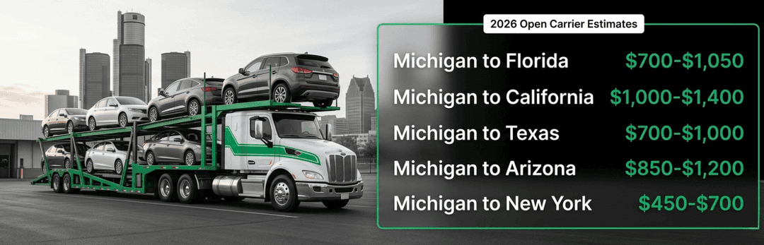Car carrier by the Detroit skyline with 2026 open estimates, from Michigan to New York $450 to $700