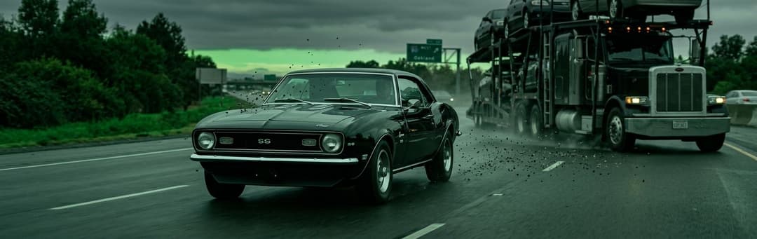 Black classic Camaro driving on a wet highway ahead of a car carrier, showing the risk of driving to a show