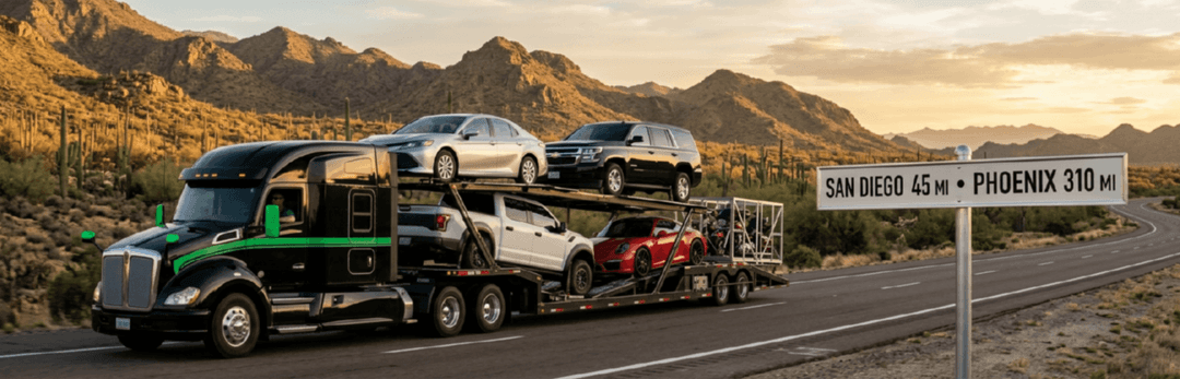 Loaded car carrier on a desert highway by a sign reading San Diego 45 mi and Phoenix 310 mi