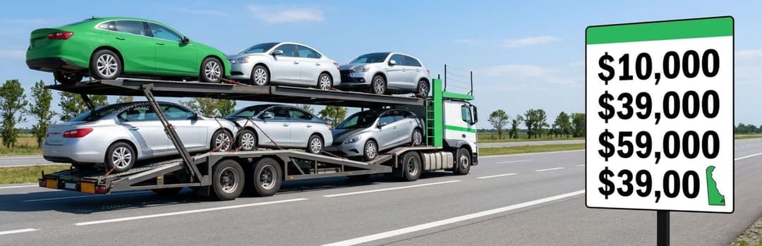 Multi-car carrier hauling sedans past a sign listing $10,000, $39,000 and $59,000 figures