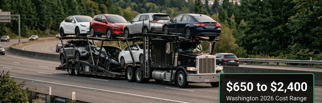 Car carrier on a forested Washington highway with a 2026 cost range of $650 to $2,400