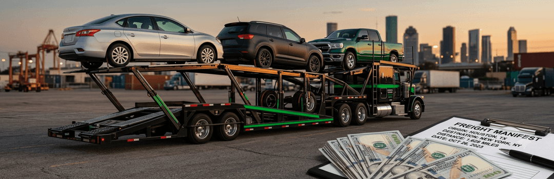 Loaded open car carrier at sunset before a Houston skyline, with cash and a shipping quote in the foreground