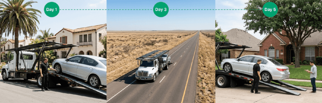 LA to Dallas timeline from day 1 pickup in Los Angeles, through the highway on day 3, to day 5 delivery at a home
