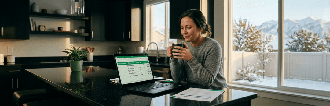 Woman with a coffee checking a quote on her laptop at a kitchen table, snowy Utah mountains outside