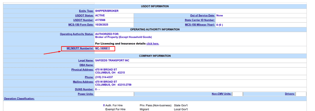 FMCSA SAFER company snapshot with the MC number in the operating authority section circled in red