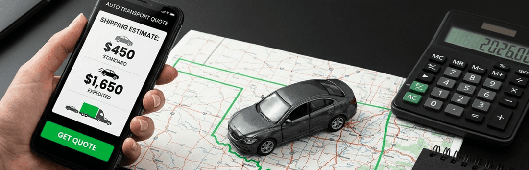 Phone showing a shipping estimate of $450 to $1,650 on a map of Oklahoma with a calculator and toy car
