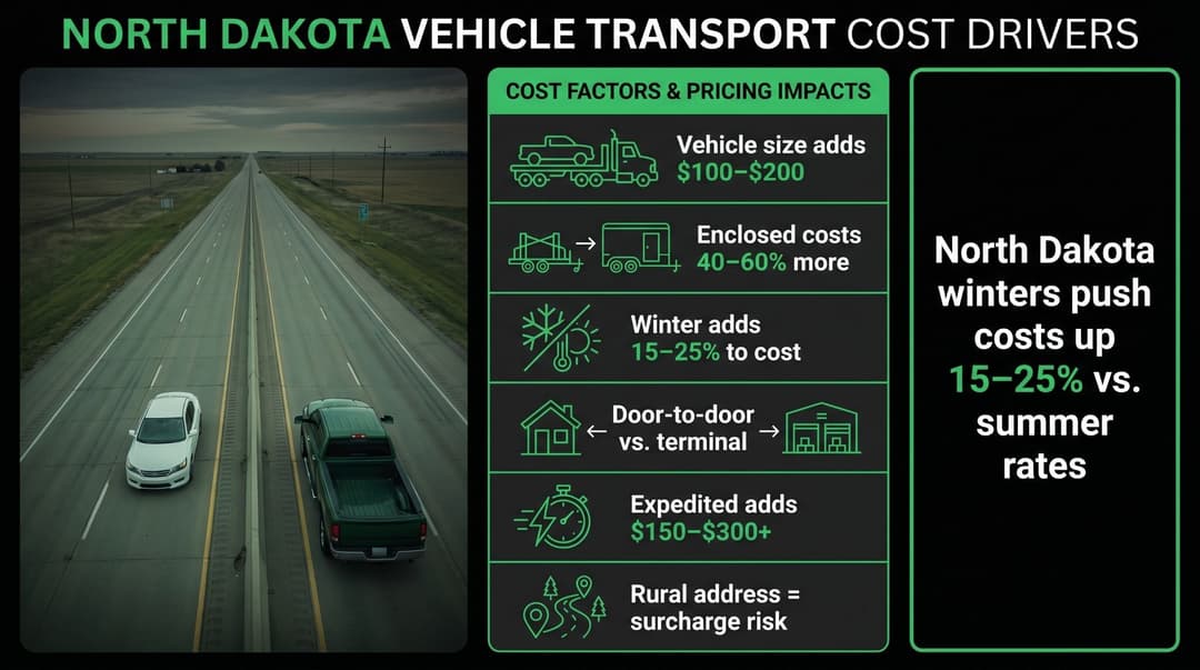 North Dakota cost drivers chart: enclosed costs 40 to 60% more, winter adds 15 to 25%, rural surcharge