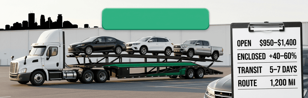 Car carrier with a sign listing open $950 to $1,400, enclosed plus 40 to 60%, 5 to 7 day transit, 1,200 mi