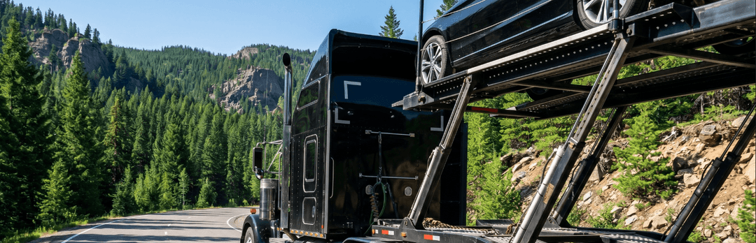 Close view of a loaded open car carrier on a mountain road through Montana pine forest