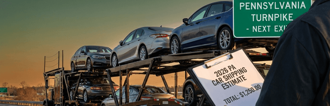 Car carrier near a Pennsylvania Turnpike sign with a 2026 PA car shipping estimate sheet totaling $1,260