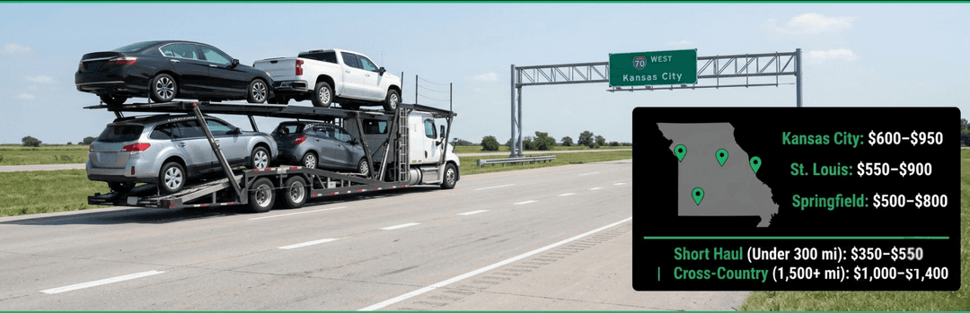 Car carrier on a Missouri highway with prices: Kansas City $600 to $950, St. Louis $550 to $900