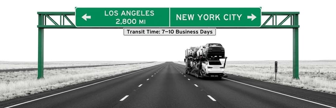 Car carrier under a highway sign: Los Angeles 2,800 mi, New York City, transit time 7 to 10 business days