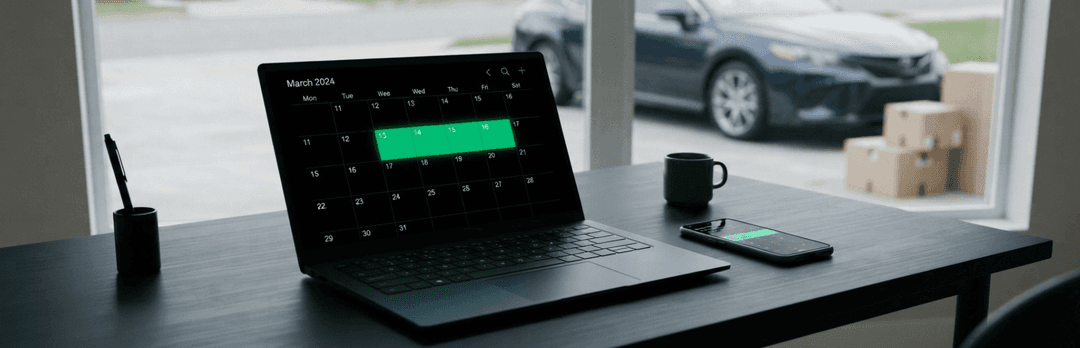 Laptop on a desk showing a booking calendar with a sedan and moving boxes outside the window