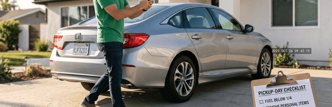 Person handing off a silver sedan in a driveway, with a pickup day checklist noting fuel below 1/4 and no personal items