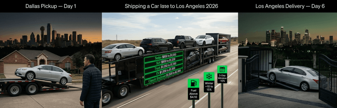 Dallas to Los Angeles shipping sequence from Dallas pickup on day 1, carrier on the highway, to LA delivery on day 6