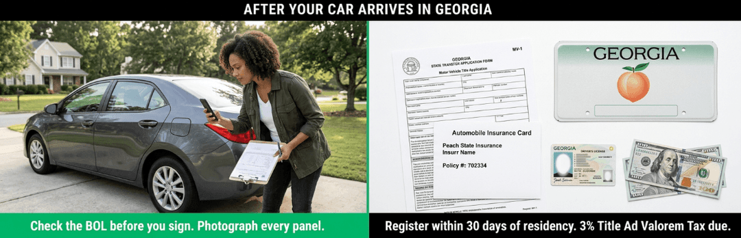 Woman inspecting her delivered car beside Georgia registration papers: register within 30 days