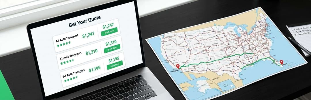 Laptop showing a Get Your Quote page with price comparisons beside a printed US map of the cross-country route