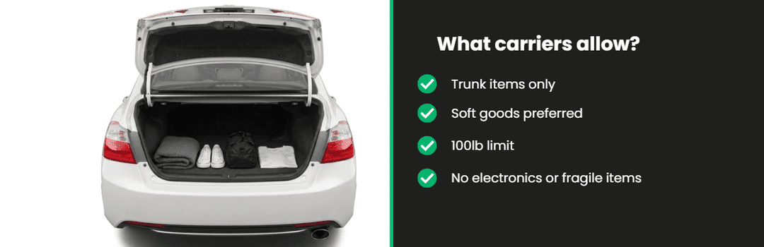 Sedan with its trunk open beside a list of what carriers allow: trunk items only, soft goods, 100 lb limit