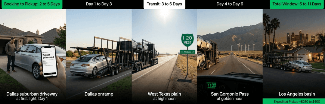 Five-panel timeline from Dallas driveway pickup through West Texas and San Gorgonio Pass to the Los Angeles basin