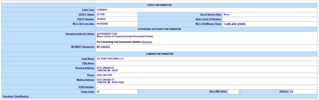 FMCSA Snapshot: What US Star Trucking's DOT and MC Numbers Actually Show