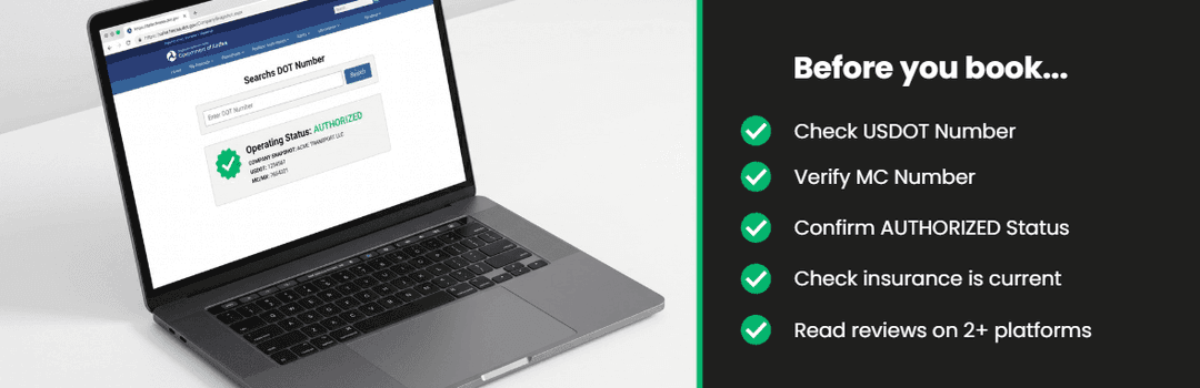Laptop showing an FMCSA USDOT lookup beside a checklist: check USDOT and MC numbers, authorized status, insurance