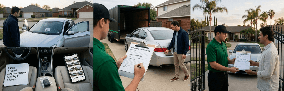 Door-to-door handoff in three panels: app booking, driver inspecting a silver sedan with the owner, signing paperwork